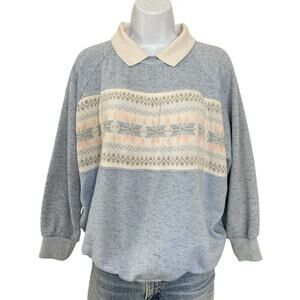 Vintage 90s Cottage Speckled Baby Blue Snowflake Collared Pullover Sweatshirt S